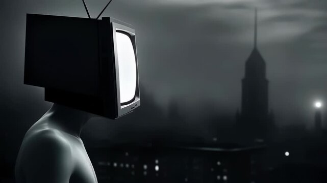 A human-like figure with a vintage television for a head gazes toward a shadowy urban landscape. The atmosphere is eerie, highlighting themes of technology and alienation in a nighttime setting.