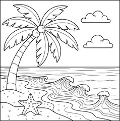 Black and white tropical beach scene illustration with palm tree, ocean waves, clouds, and starfish perfect for summer coloring book pages