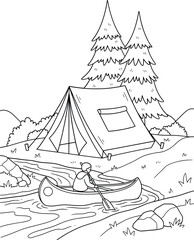 Black and white camping scene illustration with tent, pine trees, river, and person rowing a canoe perfect for outdoor adventure coloring book pages