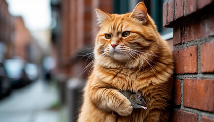 A red fat city cat with a mouse in his paw
