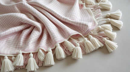 Soft pink checkered blanket with white tassels plaid