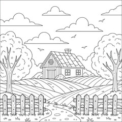 Black and white countryside farm illustration with house, trees, wooden fence, fields, and clouds perfect for rural landscape coloring book pages