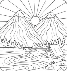 Black and white mountain landscape illustration with sunrise, river, pine trees, and camping tent perfect for outdoor adventure coloring book pages