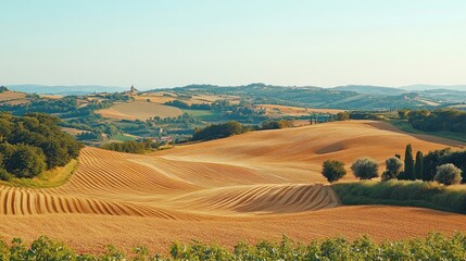Obraz premium Golden Tuscan hills, fields, and a distant church