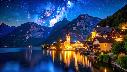 Fototapeta premium Night scene with starry sky over village