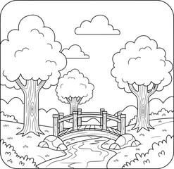 Black and white nature scene illustration with wooden bridge over stream, trees, and rocks perfect for outdoor and landscape coloring book pages