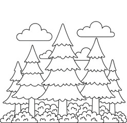 Black and white forest illustration with pine trees, clouds, and bushes perfect for outdoor nature and landscape coloring book pages