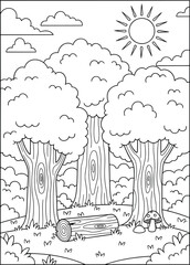 Black and white forest illustration with large trees, sun, clouds, and grass perfect for nature and outdoor scenery coloring book pages