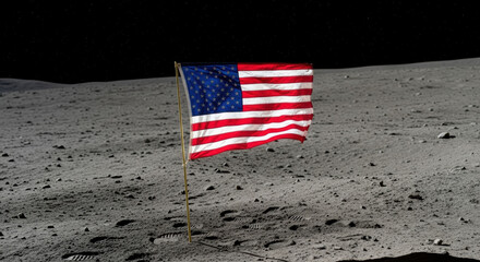 American flag planted on the moon surface with a dark sky and rocky terrain in the background view