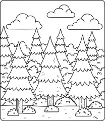 Black and white illustration of pine trees in a dense forest with clouds and bushes, ideal for nature and outdoor coloring pages