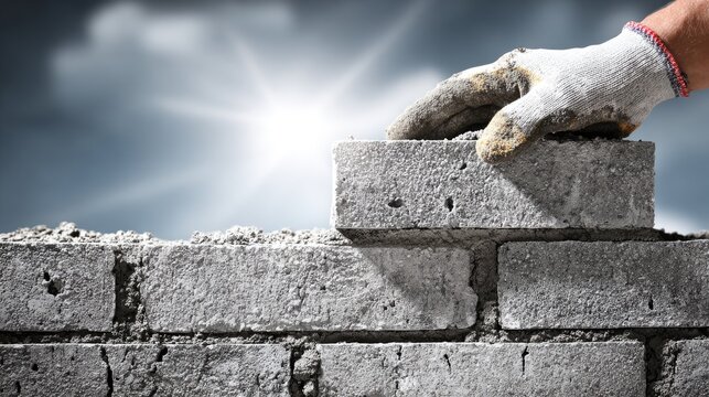 Construction Worker Laying Gray Bricks