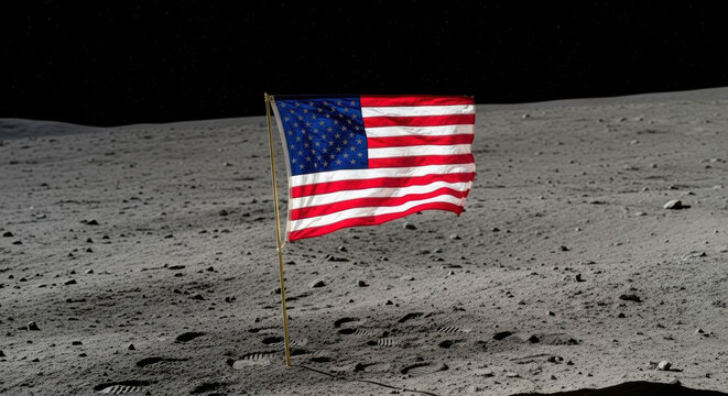 American flag planted on the moon surface with a dark sky and rocky terrain in the background view - Powered by Adobe