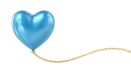 Blue Heart Balloon with Gold String 3d rendered, isolated on transparent background