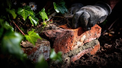 Fototapeta premium Hand In Gloves Removing Aged Brick In Garden