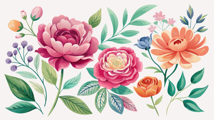 Vector art of beautiful watercolor floral arrangement with pink and orange peonies, roses, and lilies, isolated on white background