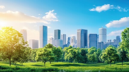 Fototapeta premium Modern Cityscape with Serene Park. Skyscrapers and Green Trees Under Blue Sky