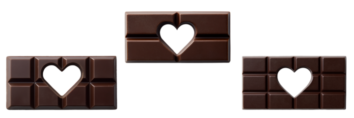 Dark chocolate bar with a heart-shaped cut-out in the center on transparent background