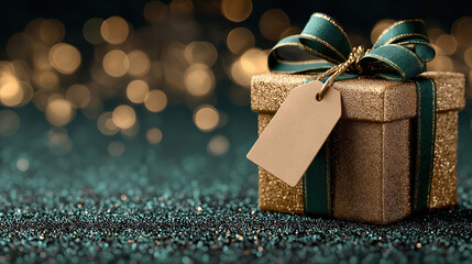 Financial themes hinted by golden gift box with green ribbon and tag on dark green background
