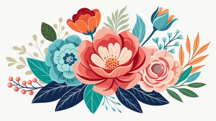 Vector art of a vibrant floral bouquet featuring a variety of colorful blooms and green leaves, artfully arranged isolated on a white background