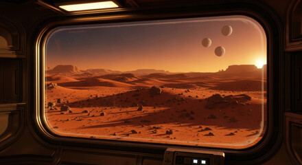 View from spaceship window showing martian landscape with mesas and three moons at sunset on mars