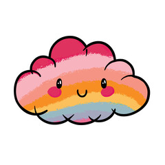 A cheerful kawaii rainbow cloud character with a sweet smile and rosy cheeks, this colorful and whimsical illustration embodies happiness, pride, and joy.
