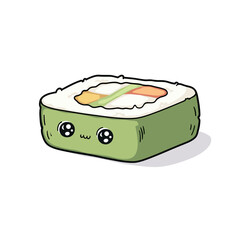 A charming cartoon illustration of a green sushi maki roll with a cute kawaii face, a perfect mascot for Japanese restaurants or Asian food-themed projects.
