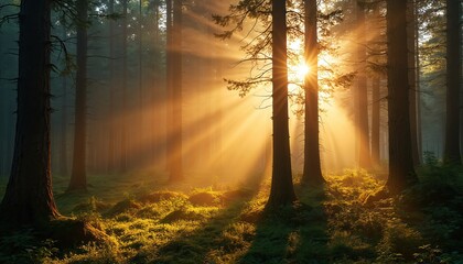 Sun rays pierce through trees in misty pine, spruce forest at dawn. Golden light illuminates woodland floor, creating magical, serene atmosphere. Beautiful nature scene captures of autumn mornings.