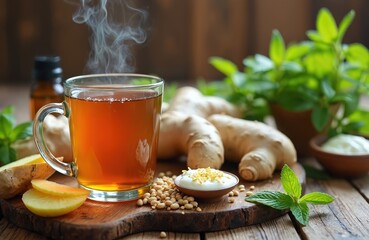 Rustic wooden table displays natural remedies for upset stomach. Herbal tea steams beside ginger, fennel seeds, yogurt, peppermint oil, mint leaves. Focus on soothing diet, health, wellness, herbal