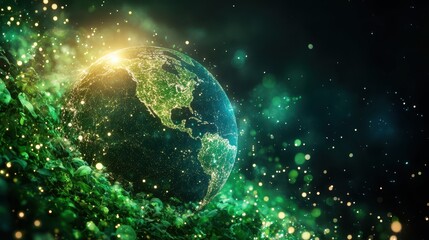 Glowing Earth Globe Resting on Verdant Greenery Environment Concept Graphic. World Environment Day