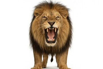 Majestic Male Lion Roaring with Mouth Open, Displaying Teeth and Fierce Expression