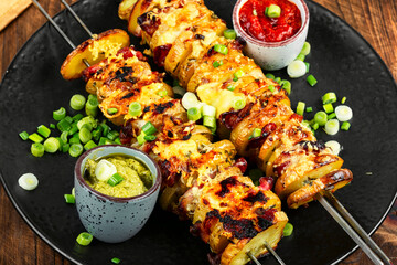 Grilled vegetable skewers with a spicy sauce.
