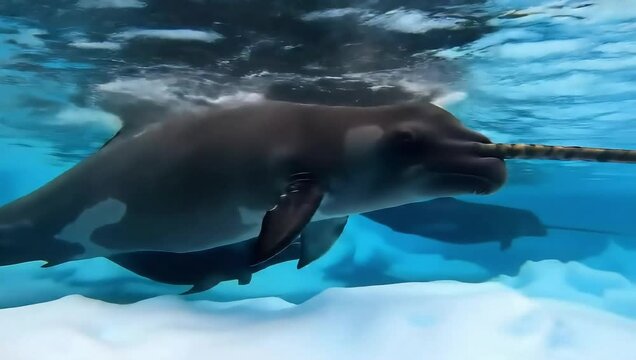Underwater view of narwhals also known as a narwhale (Monodon monoceros) swimming and diving at the ice floe edge, Arctic sea, Northern Canada. Slow motion.

