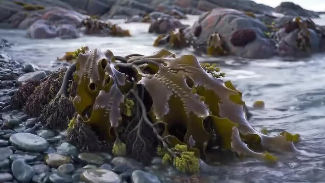 Undulating Bull Kelp (Durvillaea antarctica) on a rocky shoreline, Antarctica.

