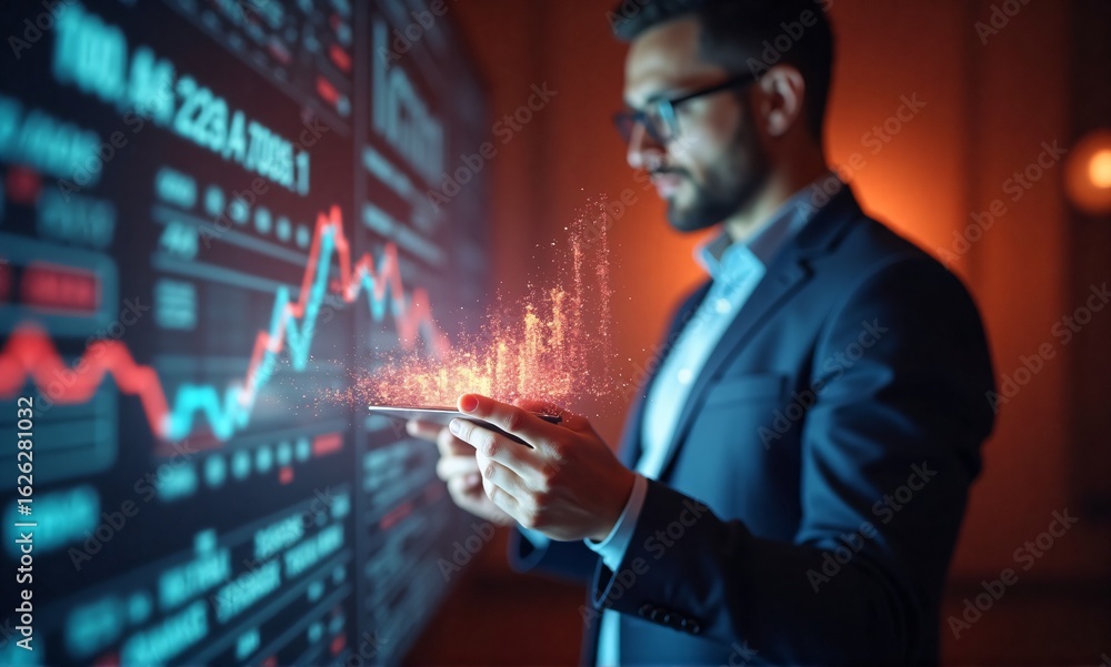 Aufkleber a professional man in glasses interacts with a large digital financial display, analyzing dynamic da