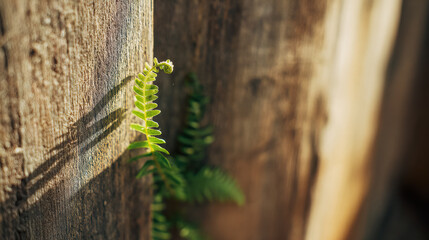 Nature's resilience: fern leaf emerging through wooden fence during summer