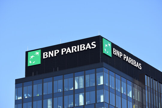 BNP Paribas bank office with emblem, logo on the facade. WARSAW, POLAND - MARCH 13, 2022