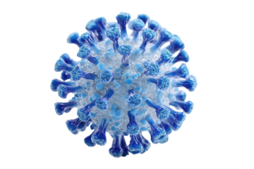 Close-up of a virus, sphere-shaped, with spiky blue protrusions