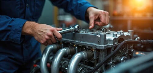 Obraz premium Skilled mechanic performs precise engine assembly in workshop using wrench, tools. Technician works on car machinery with expertise, focusing on metal components, bolts. Evening lighting enhances