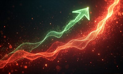 Two glowing wavy lines, one green with an upward arrow, one red, signify dynamic progress against a dark, particle-filled background.