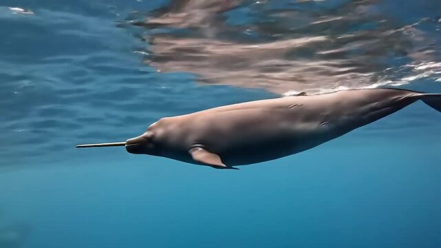 Slow motion of The narwhal, also known as a narwhale (Monodon monoceros)  swimming underwater , Antarctic Peninsula, Antarctica.
