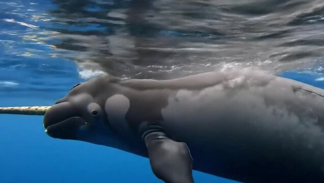 Slow motion of The narwhal, also known as a narwhale (Monodon monoceros)  swimming underwater , Antarctic Peninsula, Antarctica.
