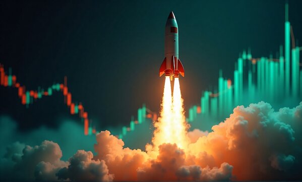 A powerful rocket blasts off from a cloud of smoke, symbolizing rapid financial growth against a backdrop of market charts.