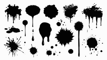 Vector art of set of black ink splatters and drips isolated on white background, abstract grunge design elements for creative projects