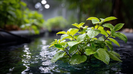 Verdant plant bathed in gentle raindrops embrace