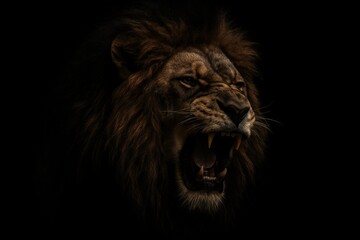 The untamed fury of a wild African lion, a majestic and powerful king of beasts roaring ferociously out of the darkness