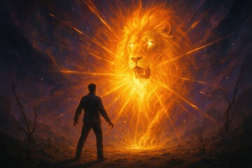 Man Confronting a Glowing Lion A Surreal and Dramatic Visualization