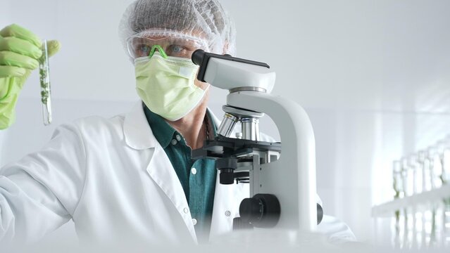 Adult male scientist wearing green protective gear looking at plant samples in test tubes and using a microscope in modern laboratory for botanical research. Medicine, healthcare and science concept