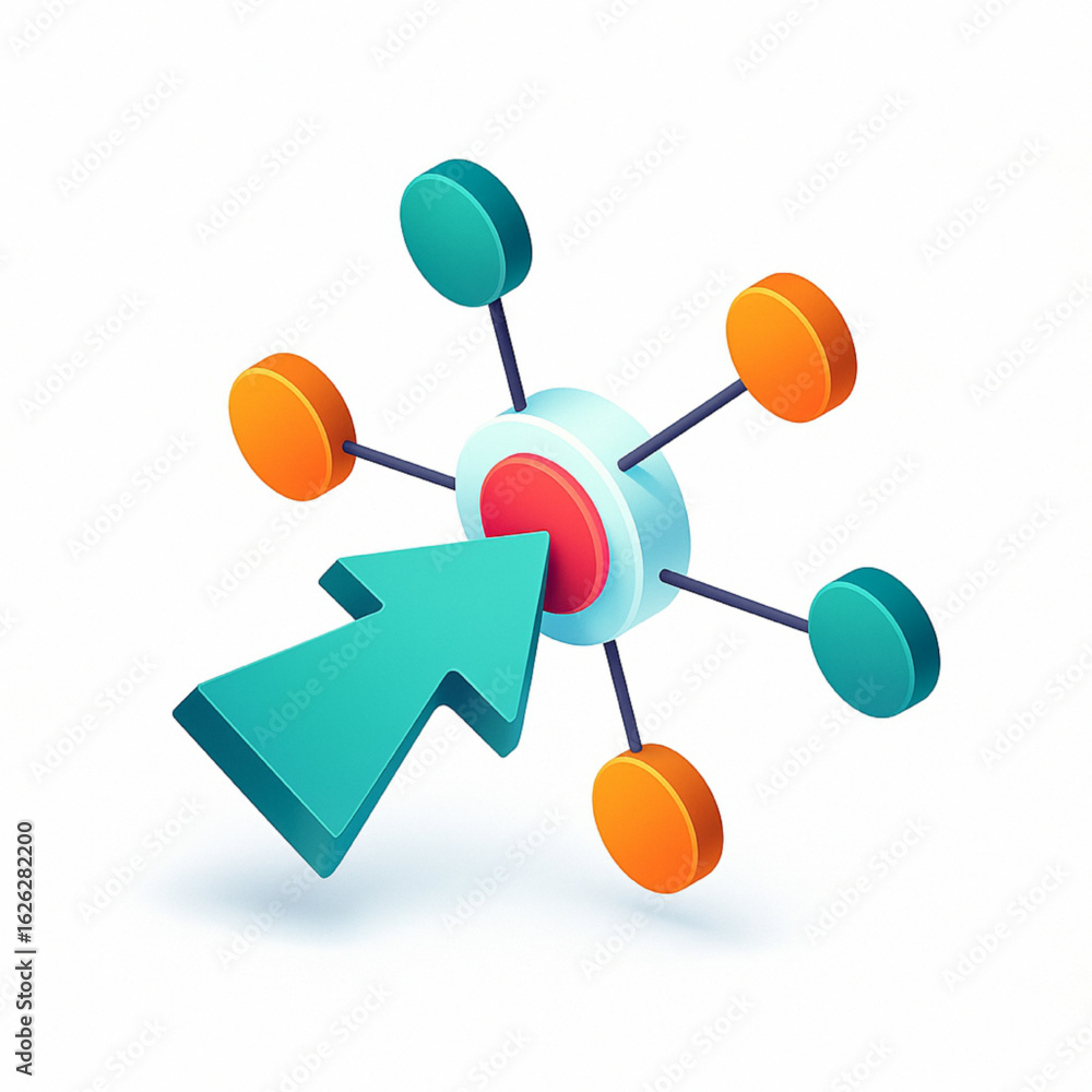 Poster dynamic arrow targets central node in interconnected network, illustrating growth and strategy.
