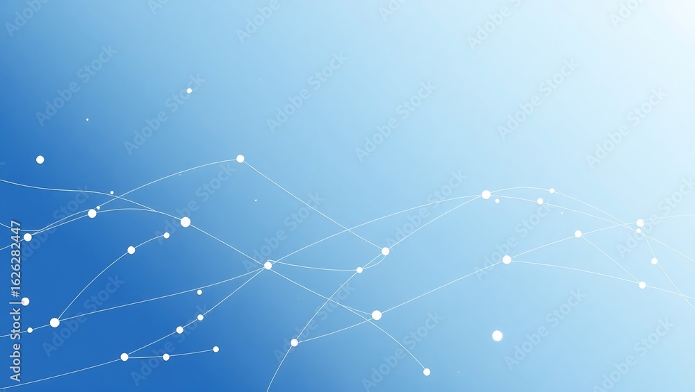 Poster abstract technology background with white connected dots and lines on a blue gradient.