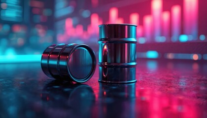 Metallic barrels rest on reflective surface against blurred backdrop of glowing neon bar graphs. Scene combines industrial elements with digital finance visuals. Colors include vibrant purples,